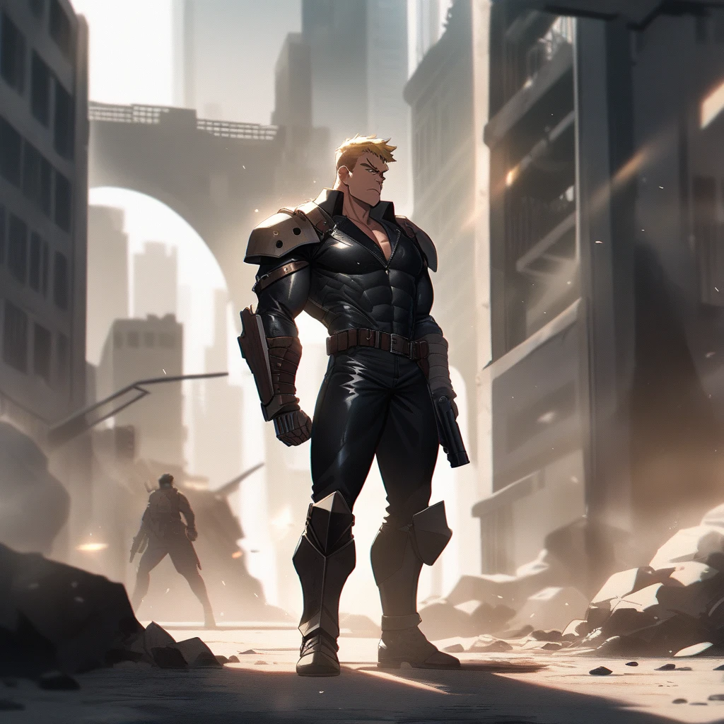 1guy, muscular, Science Fiction, solo, male ideal ratio body proportions, trench coat, latex bodysuit, fullbody, 40yo, facial wrinkles, gunslinger, blonde, wolfcut, looking at veiwer, Post-apocalyptic, ruined city, [gauntlet, shoulder armor, greaves], gun-kata action, 1990s, cinematic shadows, cinematic lighting, lens flare, light leaks, blowing hard, VHS quality