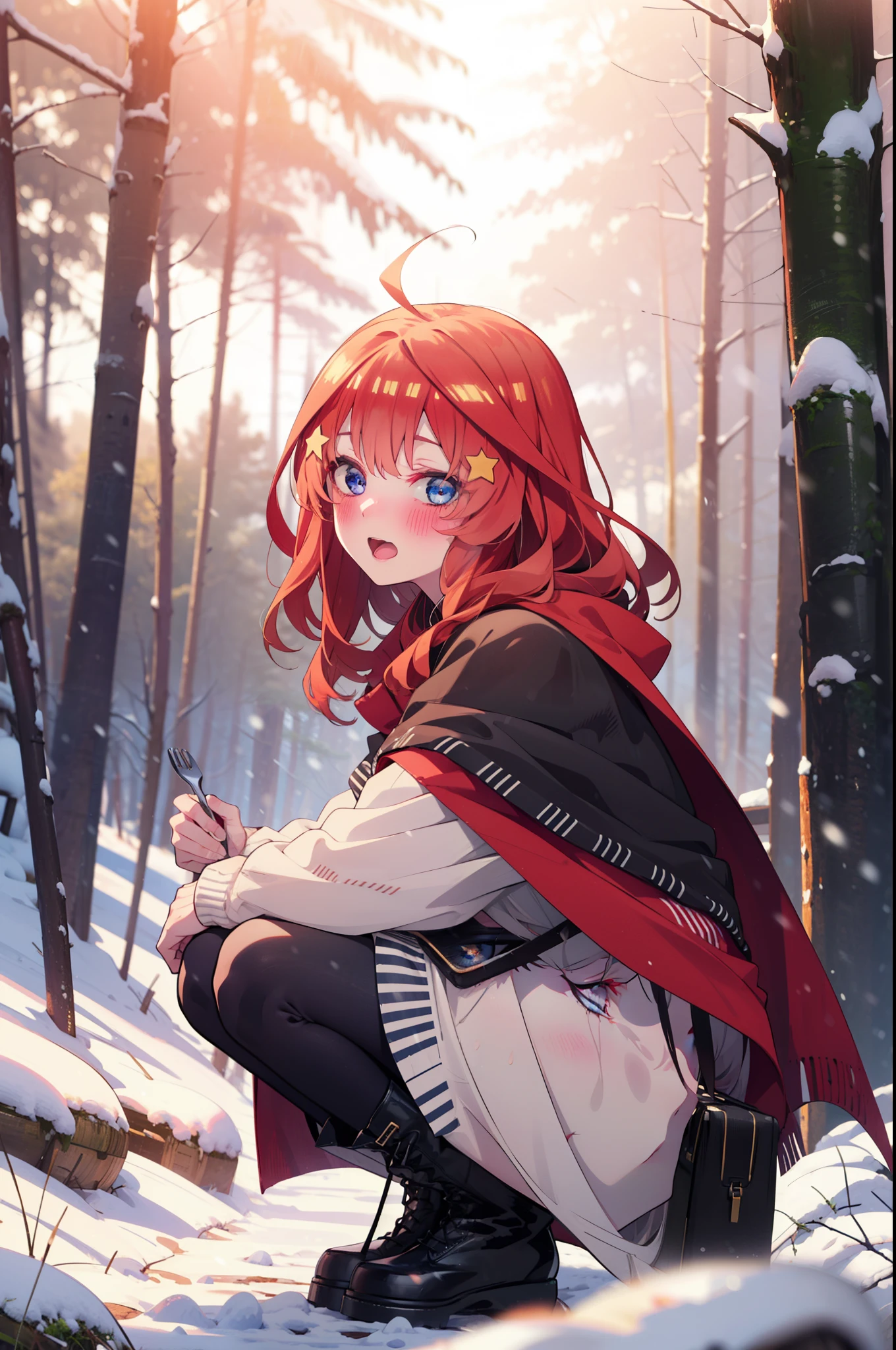 itsukinakano, Itsuki Nakano, bangs, blue eyes, Hair between the eyes, Ahoge, Redhead, star \(symbol\), hair ornaments, star hair ornaments,smile,blush,White Breath,
Open your mouth,snow, fire, Outdoor, boots, snowing, From the side, wood, suitcase, Cape, Blurred, Increase your meals, forest, White handbag, nature, Squat, Mouth closed, フードed Cape, winter, Written boundary depth, Black shoes, red Cape break looking at viewer, Upper Body, whole body, break Outdoor, forest, nature, break (masterpiece:1.2), highest quality, High resolution, unity 8k wallpaper, (shape:0.8), (Beautiful and beautiful eyes:1.6), Highly detailed face, Perfect lighting, Highly detailed CG, (Perfect hands, Perfect Anatomy),