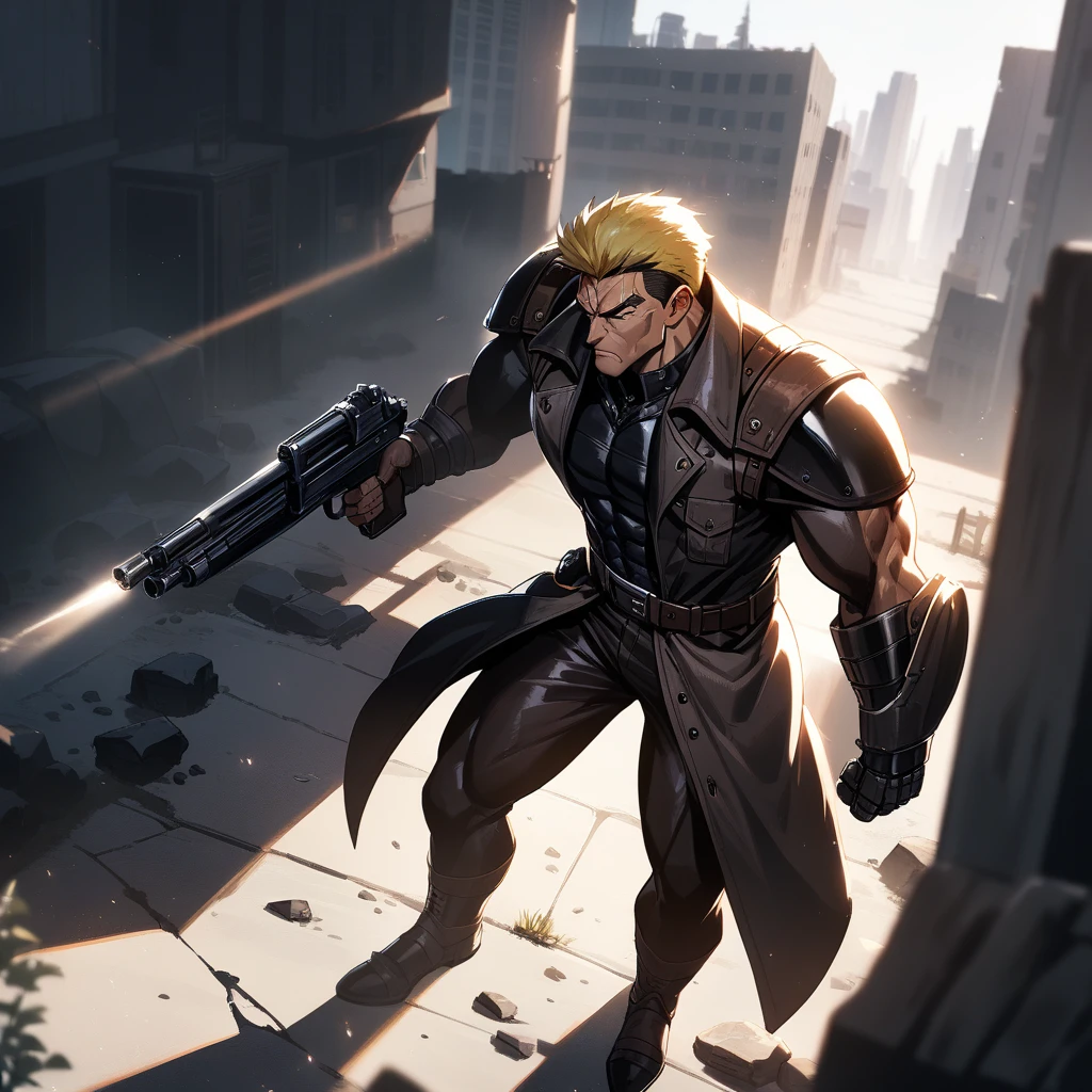 1guy, muscular, Science Fiction, solo, male ideal ratio body proportions, trench coat, latex bodysuit, fullbody, 40yo, facial wrinkles, gunslinger, blonde, wolfcut, looking at veiwer, Post-apocalyptic, ruined city, [gauntlet, shoulder armor, greaves], gun-kata action, 1990s, cinematic shadows, cinematic lighting, lens flare, light leaks, blowing hard, VHS quality