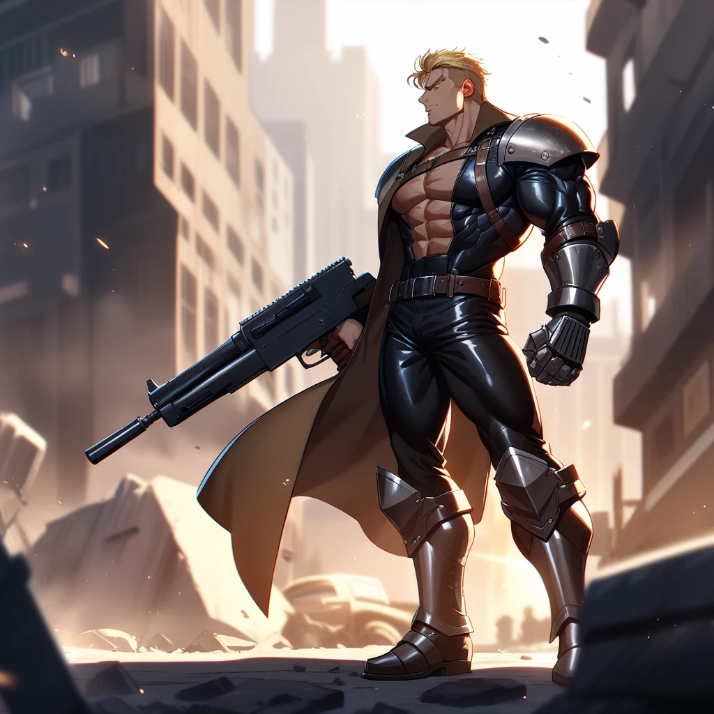 1guy, muscular, Science Fiction, solo, male ideal ratio body proportions, trench coat, latex bodysuit, fullbody, 40yo, facial wrinkles, gunslinger, blonde, wolfcut, looking at veiwer, Post-apocalyptic, ruined city, [gauntlet, shoulder armor, greaves], gun-kata action, 1990s, cinematic shadows, cinematic lighting, lens flare, light leaks, blowing hard, VHS quality