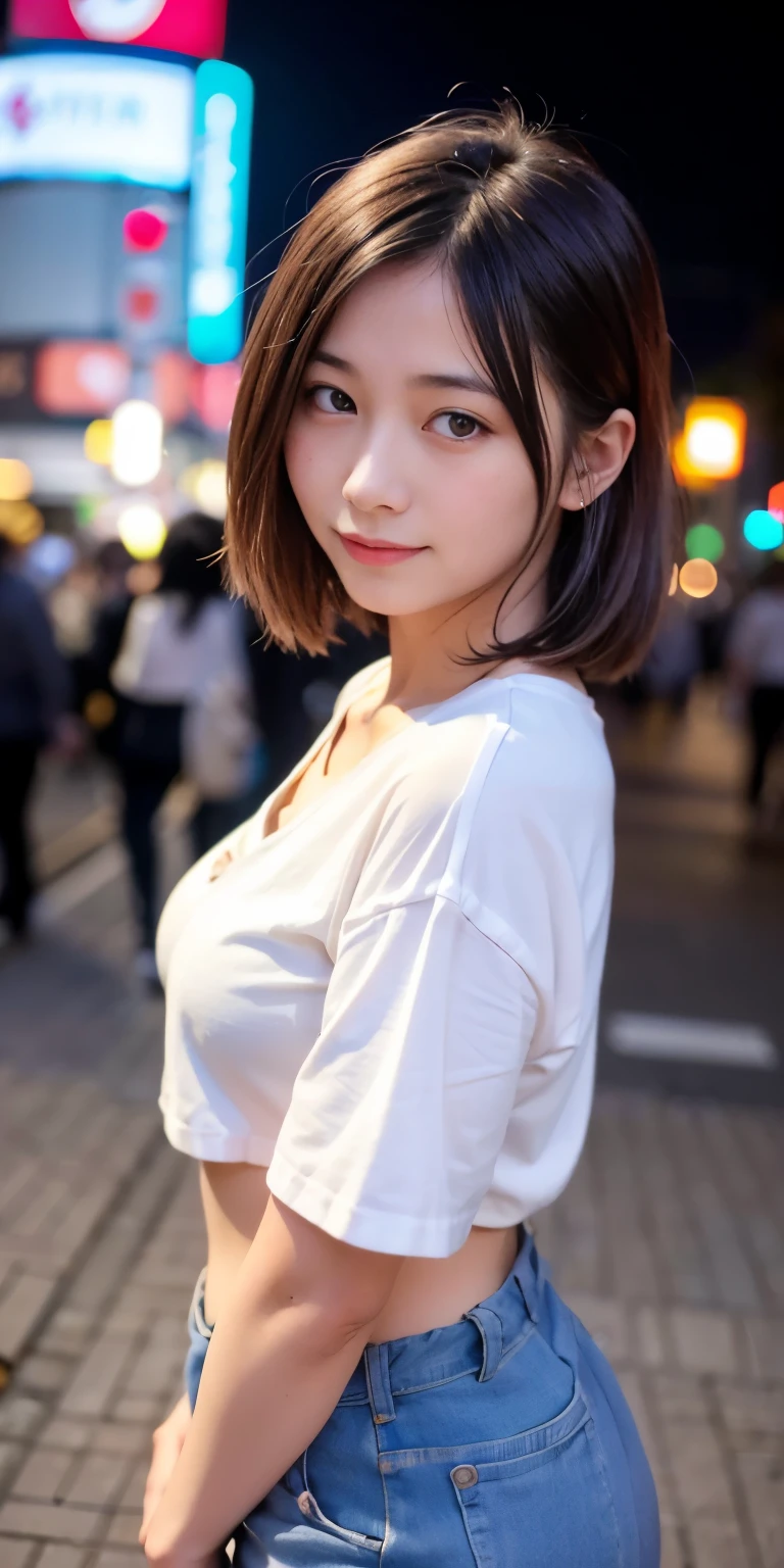 1 Girl, Tokyo Street,night, Streetscape,City lights,Upper Body,close,smile,, (8K, Raw photo, highest quality, masterpiece:1.2),(Realistic, photo-Realistic:1.37),