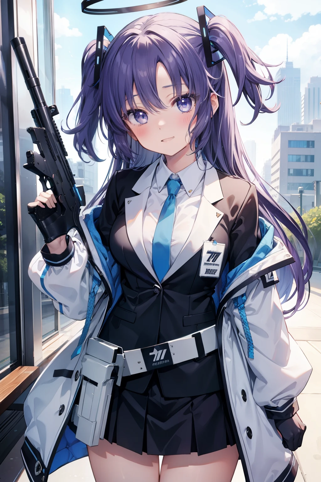 Yuka Hayase、Good looking girl (blush, Perfect Face), independent , Looking at the camera, masterpiece, Anime art style, Cute Characters, Most detailed, high quality、Nico Nico Smile、Combat Uniform、He has a gun、Purple hair and eyes