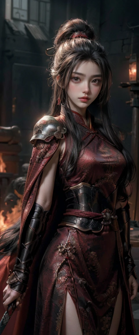 ((Masterpiece, Top Quality, High Resolution, Photorealistic, Raw, 8K wallpaper)), A female swordsman in Chinese clothes, Hero of the Three Kingdoms, (A large sword is held in both hands), She has long black hair tied back, wears iron armor and a red cape, Surrounded by enemy soldiers with a burning city in the background,