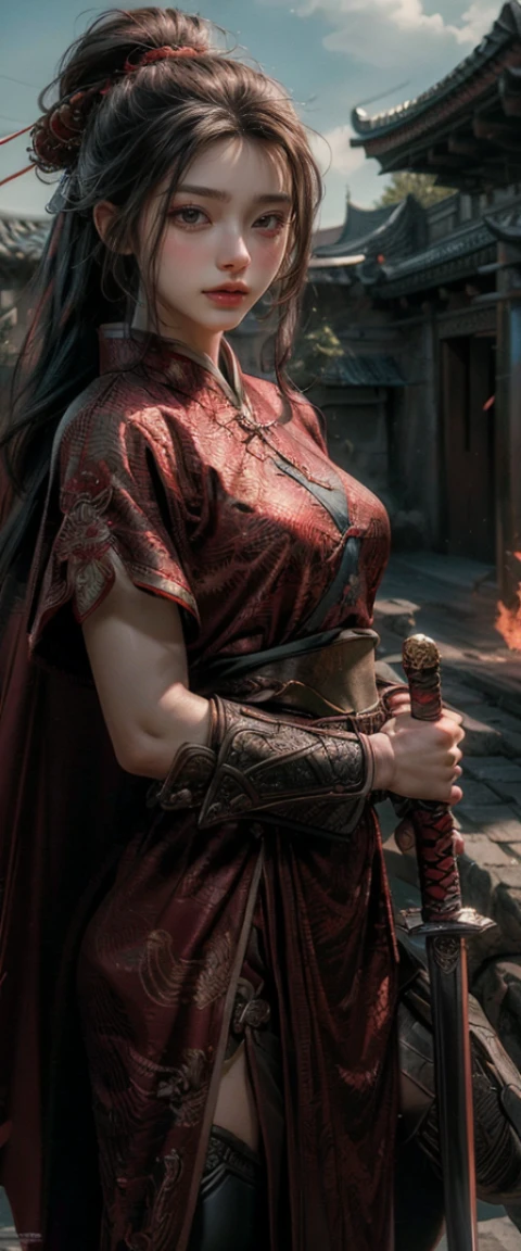 ((Masterpiece, Top Quality, High Resolution, Photorealistic, Raw, 8K wallpaper)), A female swordsman in Chinese clothes, Hero of the Three Kingdoms, (A large sword is held in both hands), She has long black hair tied back, wears iron armor and a red cape, Surrounded by enemy soldiers with a burning city in the background,