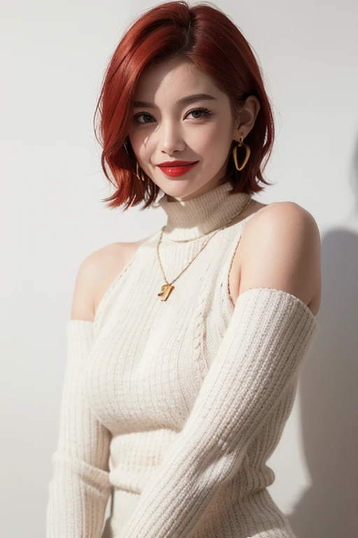 (red lips:1.4), full body, (turtleneck cable knit oversize sweater dress:1.2), , 1girl,solo,
(8k, RAW photo, best quality, masterpiece:1.3),(realistic, photo-realistic:1.37),realistic skin texture,(photorealistic:1.3),(hyperrealistic:1.2), (short hair:1.4) , seducting pose, (white colored clothes:1.7), (red hair:1.7), (seducting smile:1.4), (detached sleeves:1.4), (cheek dimples:1.4), (narrow shoulders:1.7), earrings, golden necklace,