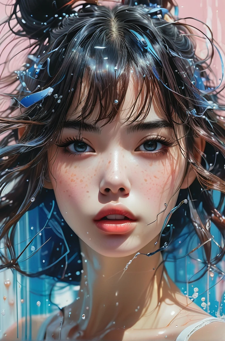 Futuristic cities、TOKYOcty、empty mechanical car、natta、Numerous cyborgs fighting surrounded by creepy cyborg DNAt."."agnes cecile, Written by Andre Masson, Francis Bacon, 4K, intrincate details, Attention to detail, awardwinning, 8K, crisp quality, hyper realisitic, Exquisite craftsmanship, nffsw, masutepiece, Lusciousness, Mesmeric, Dreamy, Eye-catching, Irresistible, Fascinating, Glorious, divine, Pretty, excellent, Gorgeous, Very cute, Adorable, classy, Stunning, water color, painting, artwork, beautiful girl, war, water streaks, bright brown eyes, 1girl, idol, close-up, collarbone, ,, photo, film, depth of field, skin texture, t-shirt, rubber band, topknot, long hair, messy hair, freckles, In the room, underwear, blush, focus on face, bangs, hair circle, blue hair