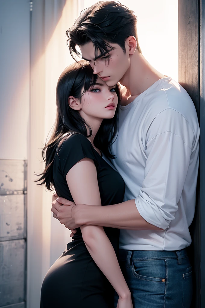 A tall handsome young man with black hair, with long black hair gathered in a tight ponytail, short bangs, blue eyes, he is wearing a white T-shirt and white jeans, he hugs an incredibly beautiful tall blonde femme fatale young blonde woman with a very short haircut standing next to him, she has dark blue eyes, She is wearing a simple black dress. Masterpiece, perfect image, realistic pictures, detailed face study, full-length image, 8k, detailed image. an extremely detailed illustration, a real masterpiece of the highest quality, with careful drawing.