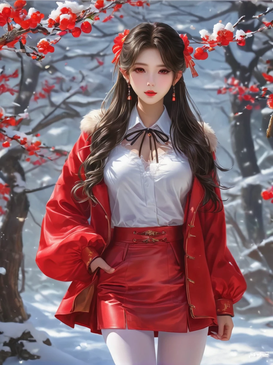 可爱ofFairy,girl,1个girl,(((A little bit,Very smallof身体,Very small))),((())),((动漫Fairy 有极其可爱和美丽of辫子头发)),(((Fairy,Fairy耳朵))),(((Large Breasts))),((((Black Hair:1.35,Double ponytail hairstyle,Dyeing inner hair,Breathe through your ears)))),(((Red Eyes:1.3))),复杂ofof眼睛,美丽细节of眼睛,对称of眼睛,big eyes:1.5,(((光滑of皮肤:1.5,明亮of皮肤: 1.5,黝黑of皮肤,闪亮of皮肤,非常闪亮of皮肤,闪亮of身体,Plastic Glitter Leather,夸张of闪亮皮肤,发光of皮肤))),(详细of身体,(详细of面部)), 可爱of,of,大胆of,Absolutely great opportunity, 暴露of服装,露出你of皮肤,(((性感of红色毛皮大衣,Red fur coat suit,穿着红色of皮大衣:1.3,Red winter coat))), ((Red mini skirt,带毛边ofRed mini skirt,Visible suspenders)),(Bib),(White gloves,红色of衣服,Half naked,带一点红色of衣服,(((raw edge clothes)))),(((复杂ofof服装,复杂ofof衣服,Embroidered clothing,华丽of服装,embroide红色of衣服,华丽of衣服))),(Dynamic poses:1.0),尴尬of,(center,合适of比例,rule of thirds),((下雪of松林)),winter,landscape:1.25,((复杂ofoflandscape)),((Snow forest background)), (光滑of冬季装饰品),high resolution,Be focused,(Ultra Detailed,Very detailed),(实际of艺术作品:1.37),(Very detailedofCG unity 8k壁纸),(((明亮of颜色,充满活力of主题))),(复杂of),(masterpiece),(最好of质量),Artistic images,(由sldr拍摄of照片),(复杂ofof背景),完美渲染of面部,完美of面部细节,实际ofof面部,Reality,Analog style,(((复杂ofof细节))),(((实际of))), (((Camel toe, White tights)))
