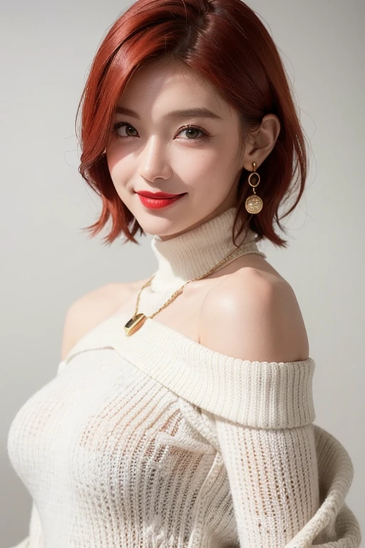 (red lips:1.4), full body, (turtleneck cable knit oversize sweater dress:1.2), , 1girl,solo,
(8k, RAW photo, best quality, masterpiece:1.3),(realistic, photo-realistic:1.37),realistic skin texture,(photorealistic:1.3),(hyperrealistic:1.2), (short hair:1.4) , seducting pose, (white colored clothes:1.7), (red hair:1.7), (seducting smile:1.4), (detached sleeves:1.4), (cheek dimples:1.4), (narrow shoulders:1.7), earrings, golden necklace,