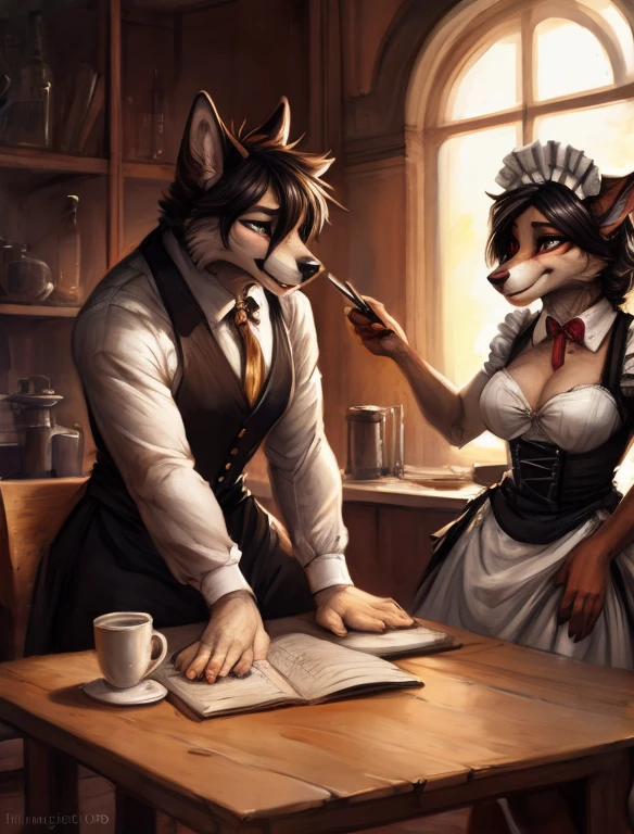 by kenket, Ross Tran, ruan jia, zaush, foxovh, by Zackary911, by hyattlen, by teranen, by fumiko, by Pixelsketcher, by Bayard Wu, by Thomas Benjamin Kennington, by Einshelm, by Kilinah, by Coffeesoda, by Hioshiru, by fluff-kevlar, bye r-mk, by Dimwitdog, Duo, Male and Female, Inside maid café, (Female wearing a Maid outfit), (Male wearing fancy suit), (Female blushing), (Making out)