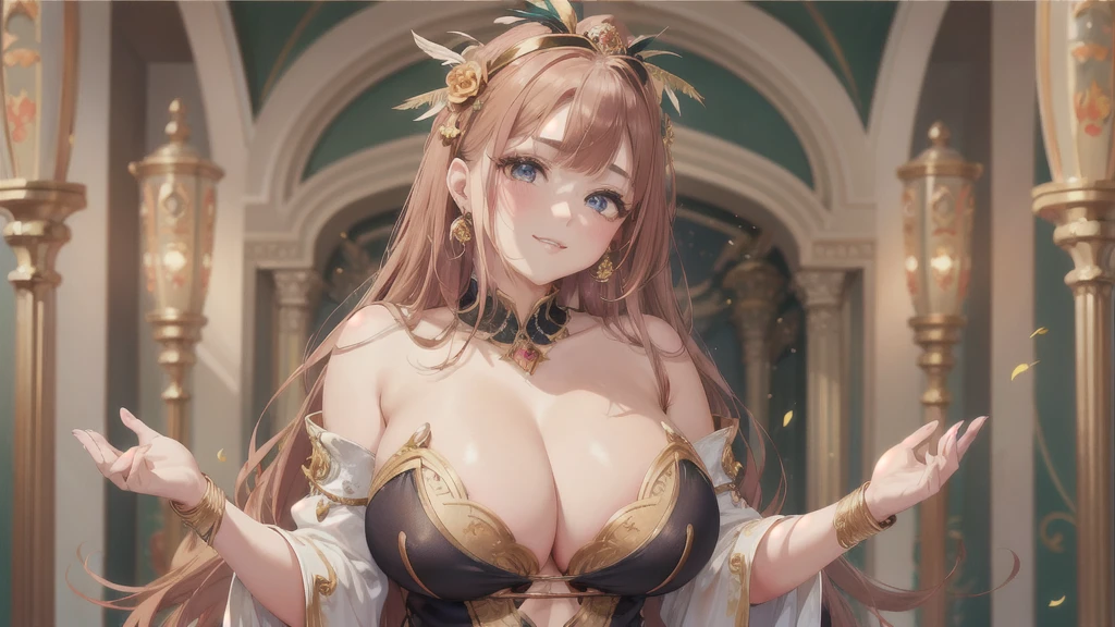 Big Breastsの女性, Blonde, colored feather, metal ornaments, colored Flowers, particle, Light, (masterpiece, 最high quality, 最high quality, Official Art, Beautiful and aesthetic:1.2), (1 girl:1.3), Very detailed,(Fractal Art:1.1),(colorful:1.1)(Flowers:1.3),Most detailed,(Dynamic pose), (Abstract background:1.3), (Shiny skin), (Many colors :1.4), ,(Earrings:1.4), (feather:1.4),masterpiece, 最high quality, 30~40 years, full body shot, Mature Woman, 美しい Mature Woman,Captivating smile, Thick lips, Plumpとした唇, blush, Looking at the audience, Provocative expression, Cleavage, Plump、Curvy Hips、Attractive face、Mischievous face、An inviting gaze、Expressing emotions,Standing position、gorgeous accessories different hairstyles,Gold headband,Ample breasts,Uneven buttocks,Greek clothing,Tulle covers the chest,Perfect balance, Detailed clothing details,Temple,marble,Statue of God,cinematic Lighting, Film Grain, contrast of Light and dark, 8k, masterpiece, Very detailed, Attention to detail, high quality, High resolution, masterpiece, 最high quality, Very detailed, Big Breasts, Are standing, Cowboy Shot, Looking at the audience, Outdoor, blush, 1 girl, (masterpiece:1.3), (High resolution), (8k), (Very detailed), Perfect Face, Beautiful eyes and face, (((最high quality))), (Very detailed), Detailed face and eyes, (alone), High resolution、Beautiful eyes,(((Sexy pose)))