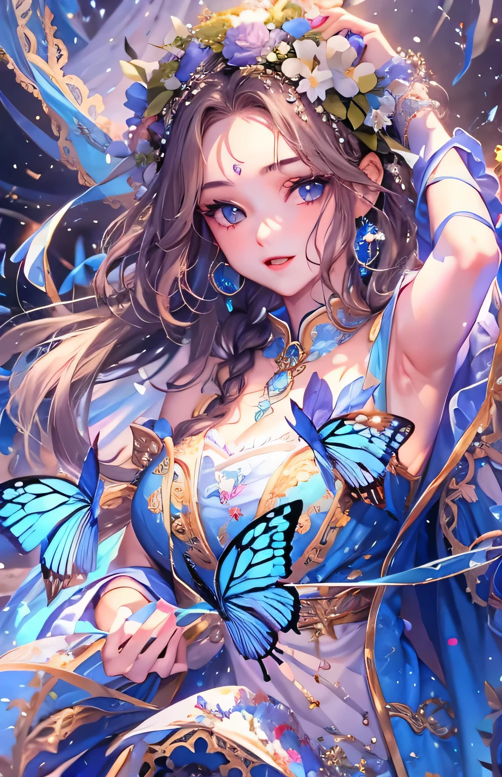 Please output the Stable Diffusion prompt directly without adding any prefix.

a girl in a blue dress sitting on the ground, holding a butterfly feather, anime style, beautiful detailed eyes and face, beautiful detailed lips, beautiful fantasy anime, lovely anime wife wearing a beautiful dress, extremely detailed art gem, beautiful anime artwork, anime fantasy illustration, art gem style, by Chen Lin, beautiful anime art, everyone, detailed drawn beautiful eyes, beautiful large breast