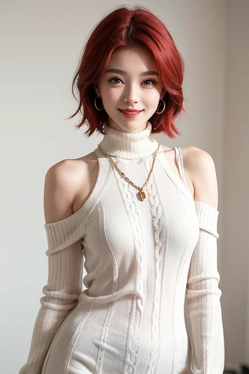 full body, (turtleneck cable knit oversize sweater dress:1.2), , 1girl,solo,
(8k, RAW photo, best quality, masterpiece:1.3),(realistic, photo-realistic:1.37),realistic skin texture,(photorealistic:1.3),(hyperrealistic:1.2), (short hair:1.4) , seducting pose, (white colored clothes:1.7), (red hair:1.7), (seducting smile:1.4), (detached sleeves:1.4), (cheek dimples:1.4), (narrow shoulders:1.7), earrings, golden necklace, 