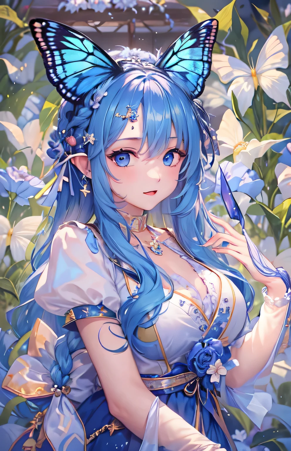 a women, blue butterfly, blue hair, pink eyes, blue dress