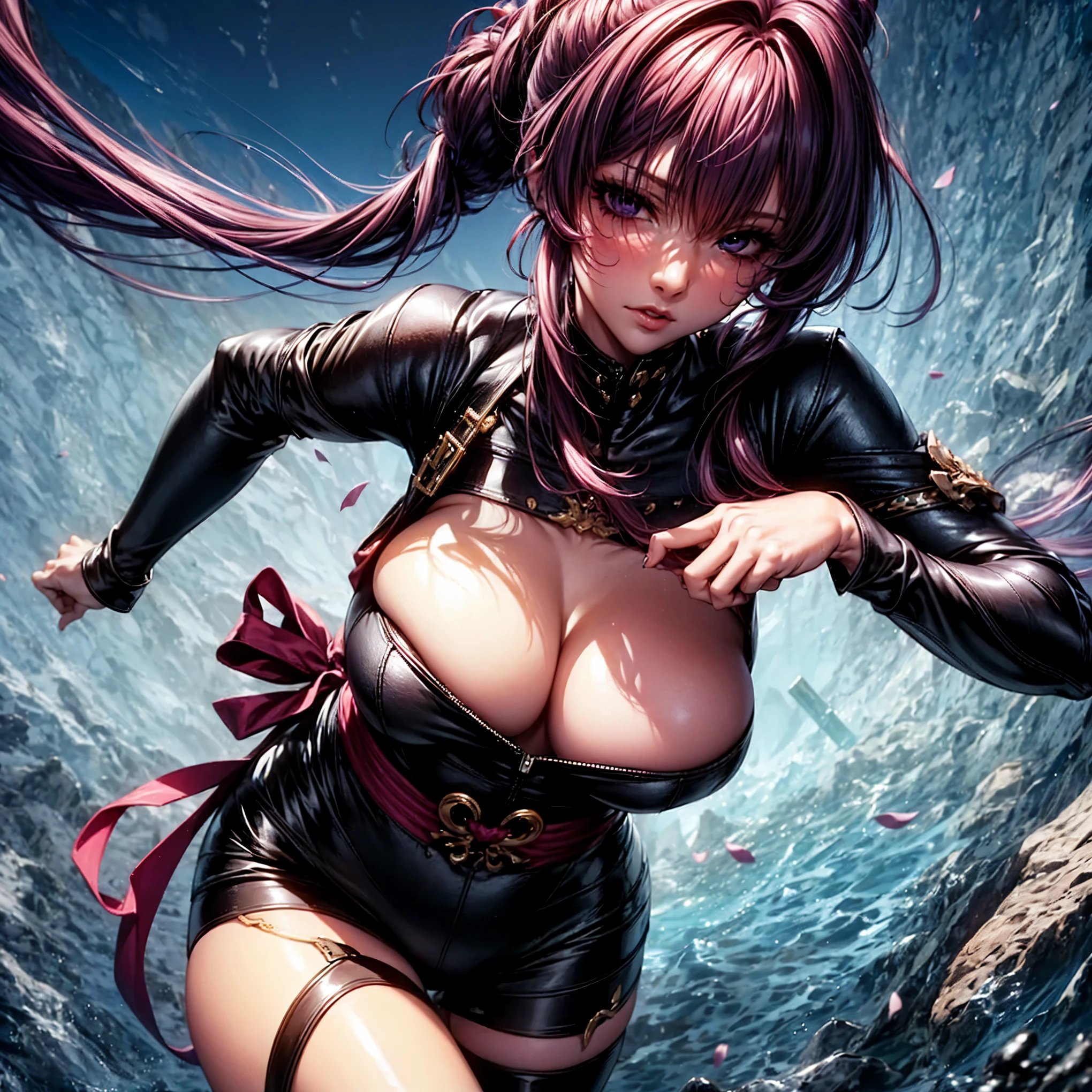 top-quality、tmasterpiece、Very high resolution、super high image quality、High-quality pixels)、perfect eyes, perfect face, perfect body figure,solo,8K, large breast,(Detailed description of hair), (Detailed description of face),(Detailed description of body), matchless beauty, long legged, purple hair details expressed, The details have been upgraded,opaque purple eyeball color,model posture,cowboy shot,ponytail,ninja tightsuit