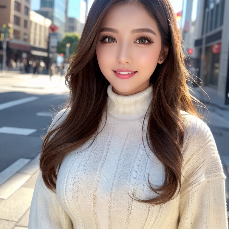 ((highest quality, Tabletop, Ultra-high resolution、The most complex and detailed depiction))、(Very bright lighting:1.1)、(Beautiful woman in a turtleneck sweater:1.1)、(Long Wavy Hair:1.05), (Accurate anatomy:1.1)、Color Contact Lenses、Perfect Makeup、Long eyelashes、lipstick、Highly saturated eyeshadow、Tight knitwear、Exactly、Accentuate your body lines、(Big and ample breasts:1.1)、perfect turtleneck knit sweater、blurred background, look at me and smile、outside、City Background(Face close-up:1.1)、(Ultra-high resolution光沢, Fair skin:1.1)、Ultra-high resolutionの顔、Ultra-high resolutionの髪、Ultra-high resolution sparkling eyes、Ultra-high resolution glossy lips、(very brightly illuminated white skin:1.1)、Beautiful face drawn in every detail、Ultra-high resolution perfect beautiful teeth、(very bright and vivid:1.1)