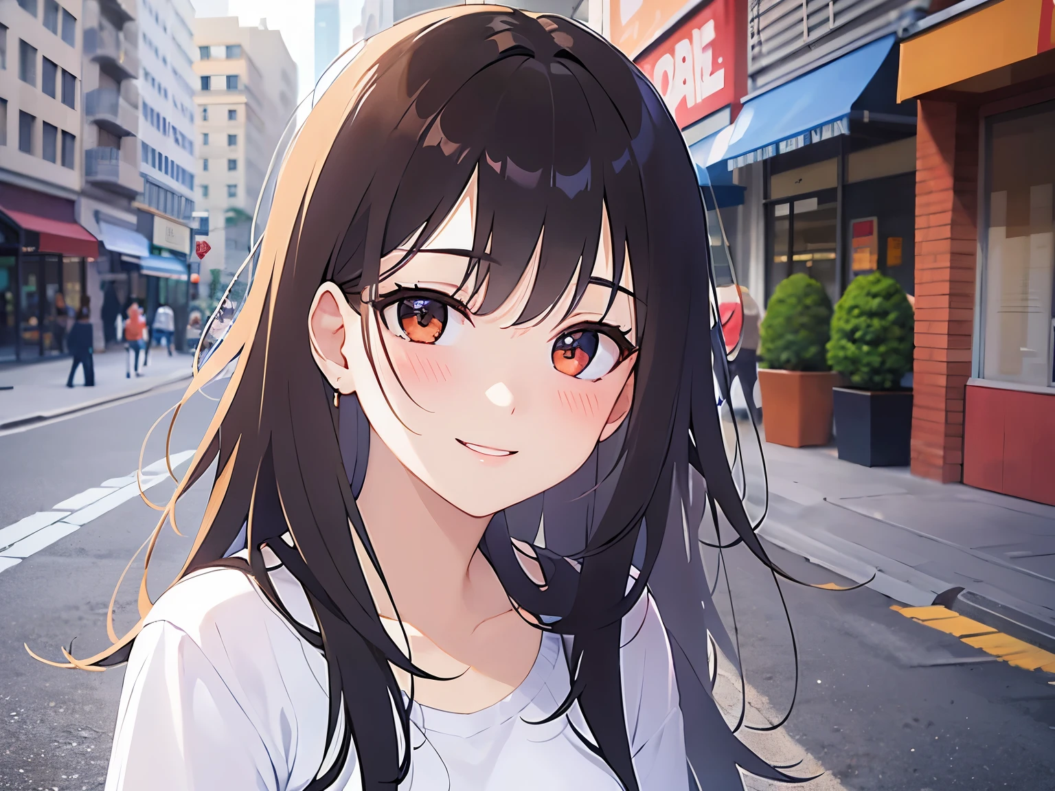 looking up, POV, Upper Body, Realistic, real person, (pale skin: 1.2), RAW photo, photorealistic, portrait photography, shiny skin, shiny hair、(25 year old woman with medium hair with bangs) and (wavy hair) and (brown hair) and (orange eyes) ,(white T shirt) and (long sleeve) and (Cleavage), (smile, blush:1.5), The background is a building street、Alone、Are standing