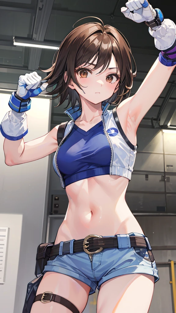 "(masterpiece、Premium Quality:1.2)、alone、1 girl(Asuka Kazama、Short brown hair、White skin、Brown eyes)、Cowboy Shot、A faint smile、Preparing for battle、Tight clothing、Great for sports、Crop top、Shorts、(gloves:1.1)、Elbow pads、belly button