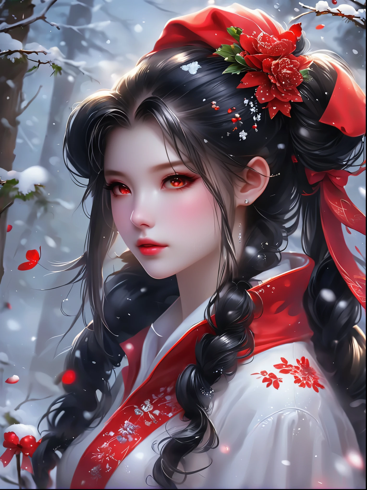 可爱ofFairy,girl,1个girl,(((A little bit,Very smallof身体,Very small))),(((15 years old))),((动漫Fairy 有极其可爱和美丽of辫子头发)),(((Fairy,Fairy耳朵))),(((Large Breasts))),((((Black Hair:1.35,Double ponytail hairstyle,Dyeing inner hair,Breathe through your ears)))),(((Red Eyes:1.3))),复杂ofof眼睛,美丽细节of眼睛,对称of眼睛,big eyes:1.5,(((光滑of皮肤:1.5,明亮of皮肤: 1.5,黝黑of皮肤,闪亮of皮肤,非常闪亮of皮肤,闪亮of身体,Plastic Glitter Leather,夸张of闪亮皮肤,发光of皮肤))),(详细of身体,(详细of面部)), 可爱of,of,大胆of,Absolutely great opportunity, 暴露of服装,露出你of皮肤,(((性感of红色毛皮大衣,Red fur coat suit,穿着红色of皮大衣:1.3,Red winter coat))), ((Red mini skirt,带毛边ofRed mini skirt,Visible suspenders)),(Bib),(White gloves,红色of衣服,Half naked,带一点红色of衣服,(((raw edge clothes)))),(((复杂ofof服装,复杂ofof衣服,Embroidered clothing,华丽of服装,embroide红色of衣服,华丽of衣服))),(Dynamic poses:1.0),尴尬of,(center,合适of比例,rule of thirds),((下雪of松林)),winter,landscape:1.25,((复杂ofoflandscape)),((Snow forest background)), (光滑of冬季装饰品),high resolution,Be focused,(Ultra Detailed,Very detailed),(实际of艺术作品:1.37),(Very detailedofCG unity 8k壁纸),(((明亮of颜色,充满活力of主题))),(复杂of),(masterpiece),(最好of质量),Artistic images,(由sldr拍摄of照片),(复杂ofof背景),完美渲染of面部,完美of面部细节,实际ofof面部,Reality,Analog style,(((复杂ofof细节))),(((实际of))), (((Camel toe, White tights)))