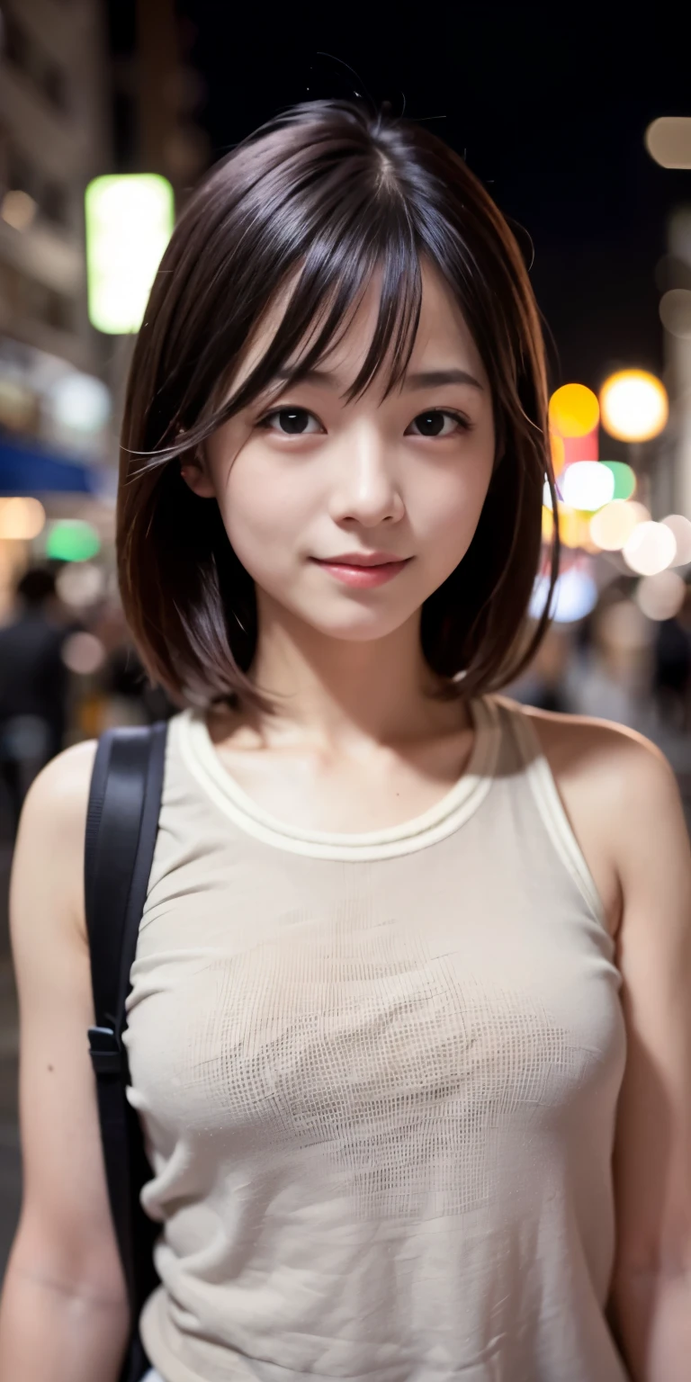 [nudity, explicit] nsfw studio light, depth of field, upper body, slender, cute face, smile, beautiful details eyes, 19yo japanese, pretty, Voluminous curls with warm blonde color, Plaza, casual