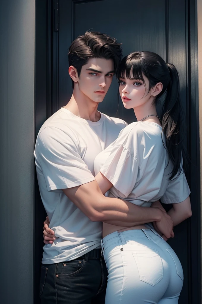 A tall handsome young man with black hair, with long black hair gathered in a tight ponytail, short bangs, blue eyes, he is wearing a white T-shirt and white jeans, he hugs an incredibly beautiful tall blonde femme fatale young blonde woman with a very short haircut standing next to him, she has dark blue eyes, She is wearing a simple black dress. Masterpiece, perfect image, realistic pictures, detailed face study, full-length image, 8k, detailed image. an extremely detailed illustration, a real masterpiece of the highest quality, with careful drawing.