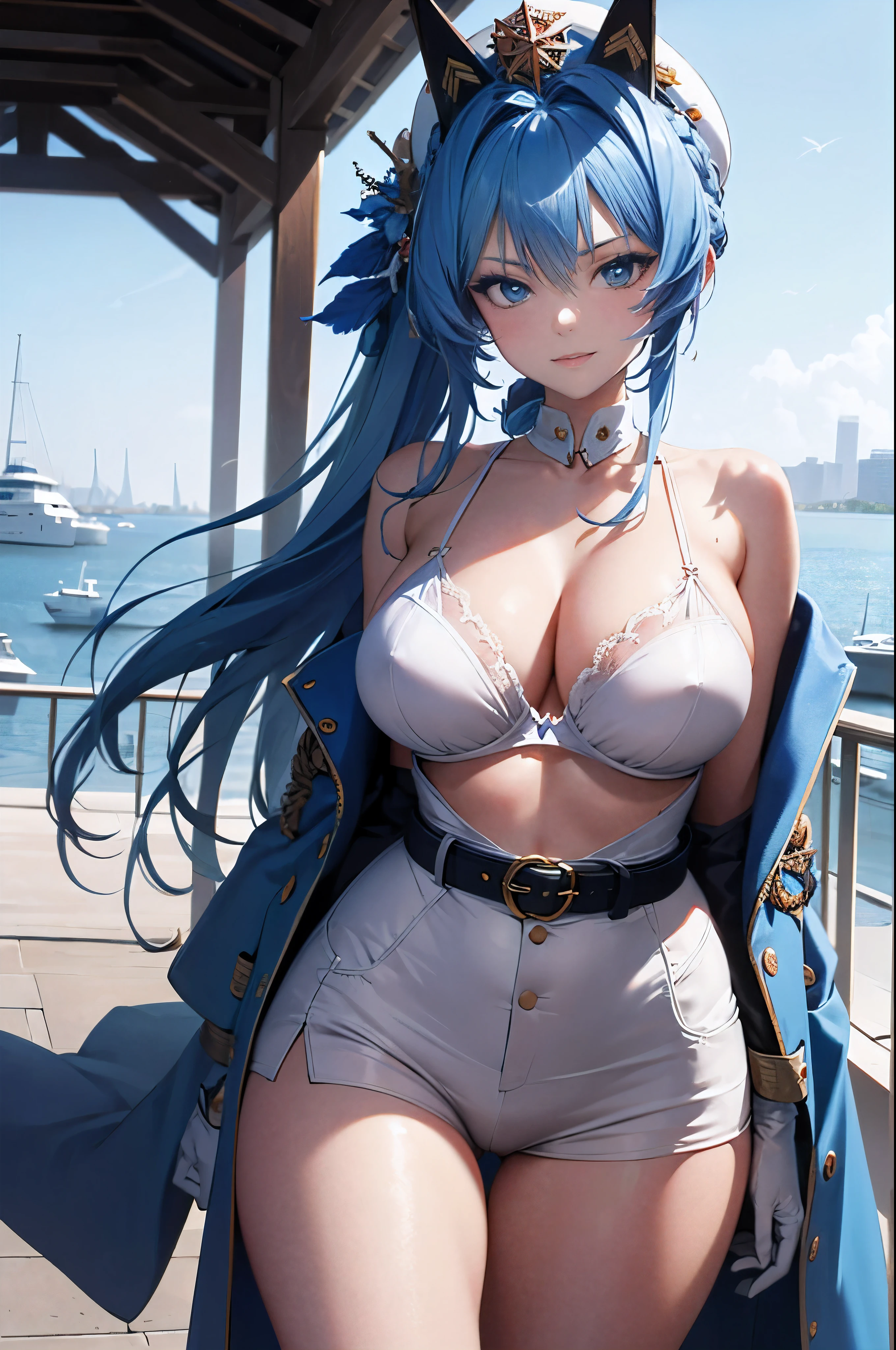 ((anime girl)), best quality, expressive eyes, perfect face, (masterpiece), best quality, perfect face, ((best quality)),  ((an extremely delicate and beautiful)), perfect eyes, perfect body, ((details pupils)), ((synmetry eyes)), beautiful eyes, ((blue eyes)), (large breasts),(wide hips), thick thighs, shiny skin, soft skin, ((ponytail)),  clean skin,  absurdres, (masterpiece),(ultra-detailed:1.2),(highres),elaborate, cowboy shot,1girl, helm,  blue hair, long hair, bangs, hair intakes, military hat, hairband, military uniform, buttons, aiguillette, epaulettes, white coat, armband, white belt, white gloves, white shorts, simple background , smile , (the background of a harbor), deatailed background , (be undone), (bare shoulders) , (undressed) , (white bra)