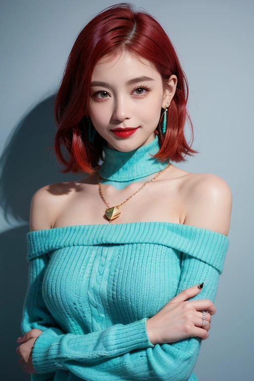(red lips:1.4), full body, (turtleneck cable knit oversize sweater dress:1.2), , 1girl,solo,
(8k, RAW photo, best quality, masterpiece:1.3),(realistic, photo-realistic:1.37),realistic skin texture,(photorealistic:1.3),(hyperrealistic:1.2), (short hair:1.4) , seducting pose, (cyan colored clothes:1.7), (red hair:1.7), (seducting smile:1.4), (detached sleeves:1.4), (cheek dimples:1.4), (narrow shoulders:1.7), earrings, golden necklace,