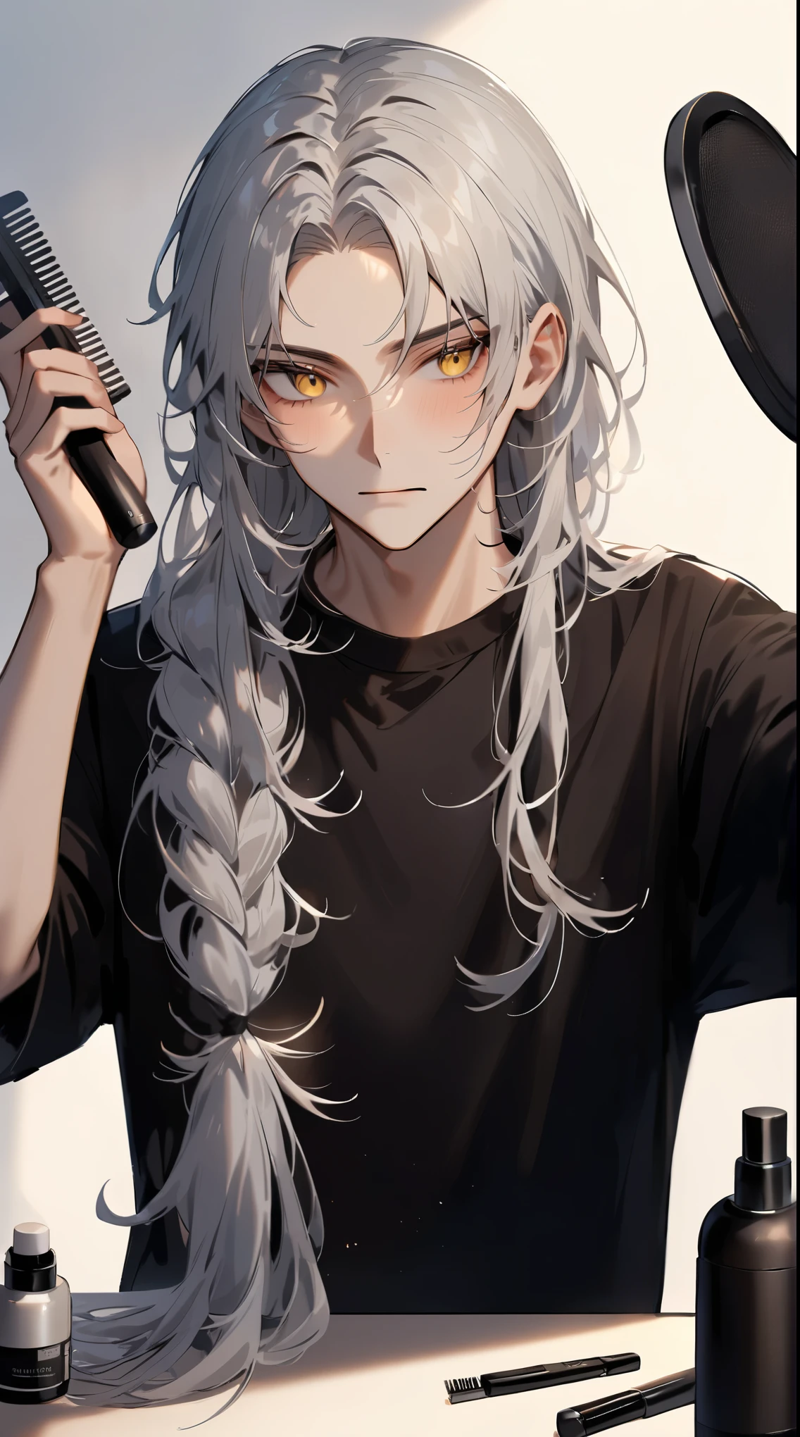 A beautiful young man is dressed in casual black clothing and combing his long silver hair while staring with yellow eyes. He is shown recording an ASMR video. A table is lined with combs, hairspray, hair elastics, and other hair care products, and a professional microphone is prominently displayed. The background is simple, with soft, gentle lighting to emphasize the calm, focused atmospher