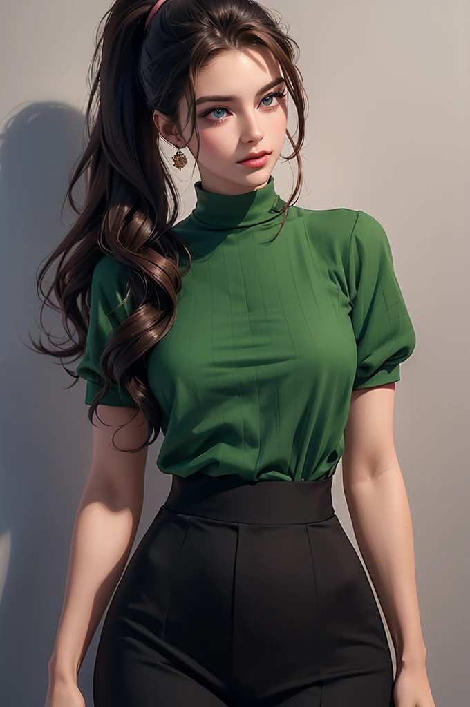 A tall handsome young man with brown hair with long curly chocolate hair gathered in a tight ponytail, blue eyes, he is dressed in a green shirt, the sleeves of which are rolled up to the elbow and classic black trousers, he hugs an incredibly beautiful tall young woman standing next to him with wavy chocolate hair gathered in a ponytail, she has green eyes, she She is wearing a simple pink dress. Masterpiece, perfect image, realistic pictures, detailed face study, full-length image, 8k, detailed image. an extremely detailed illustration, a real masterpiece of the highest quality, with careful drawing.