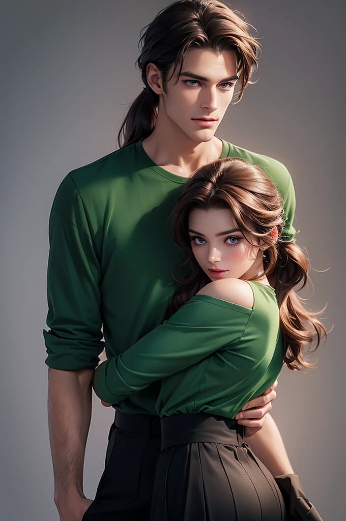 A tall handsome young man with brown hair with long curly chocolate hair gathered in a tight ponytail, blue eyes, he is dressed in a green shirt, the sleeves of which are rolled up to the elbow and classic black trousers, he hugs an incredibly beautiful tall young woman standing next to him with wavy chocolate hair gathered in a ponytail, she has green eyes, she She is wearing a simple pink dress. Masterpiece, perfect image, realistic pictures, detailed face study, full-length image, 8k, detailed image. an extremely detailed illustration, a real masterpiece of the highest quality, with careful drawing.