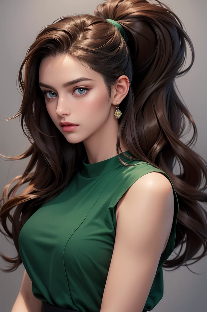 A tall handsome young man with brown hair with long curly chocolate hair gathered in a tight ponytail, blue eyes, he is dressed in a green shirt, the sleeves of which are rolled up to the elbow and classic black trousers, he hugs an incredibly beautiful tall young woman standing next to him with wavy chocolate hair gathered in a ponytail, she has green eyes, she She is wearing a simple pink dress. Masterpiece, perfect image, realistic pictures, detailed face study, full-length image, 8k, detailed image. an extremely detailed illustration, a real masterpiece of the highest quality, with careful drawing.
