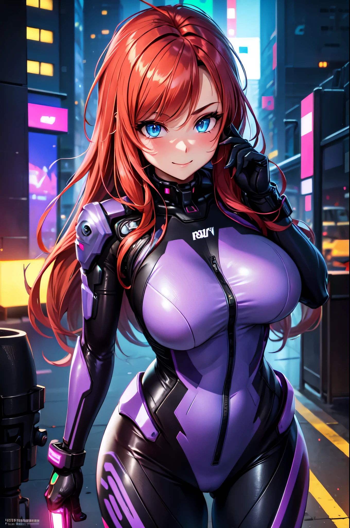 (High quality, High resolution, Fine details), cyberpunk style, urban setting, cyberpunk cityscape background, neon signs, glowing lights, cybernetic enhancements, metallic textures, cyber suit, city lights reflected on suit, gloves with neon lights, solo, curvy women, glowing red hair, sparkling eyes, (Detailed eyes:1.2), smile, blush, Sweat, Oily skin, blue color tone, vivid colors, shallow depth of field, high contrast