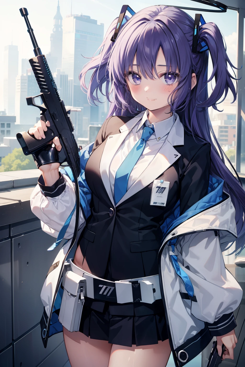 Yuka Hayase、Good looking girl (blush, Perfect Face), independent , Looking at the camera, masterpiece, Anime art style, Cute Characters, Most detailed, high quality、Nico Nico Smile、Combat Uniform、He has a gun、Purple hair and eyes