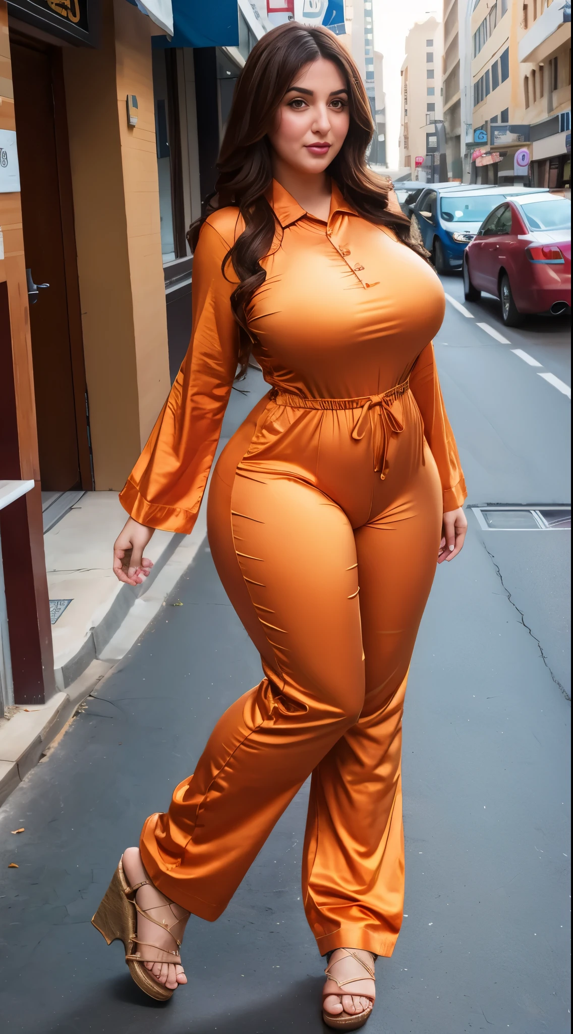 Arabic Woman in street, hijab, muslim ,curvy body , wearing jumpsuit pajamas, beautiful woman, very detail ,pawg, long legs ,thick high, full body in camera, pawg, wearing strap wedges