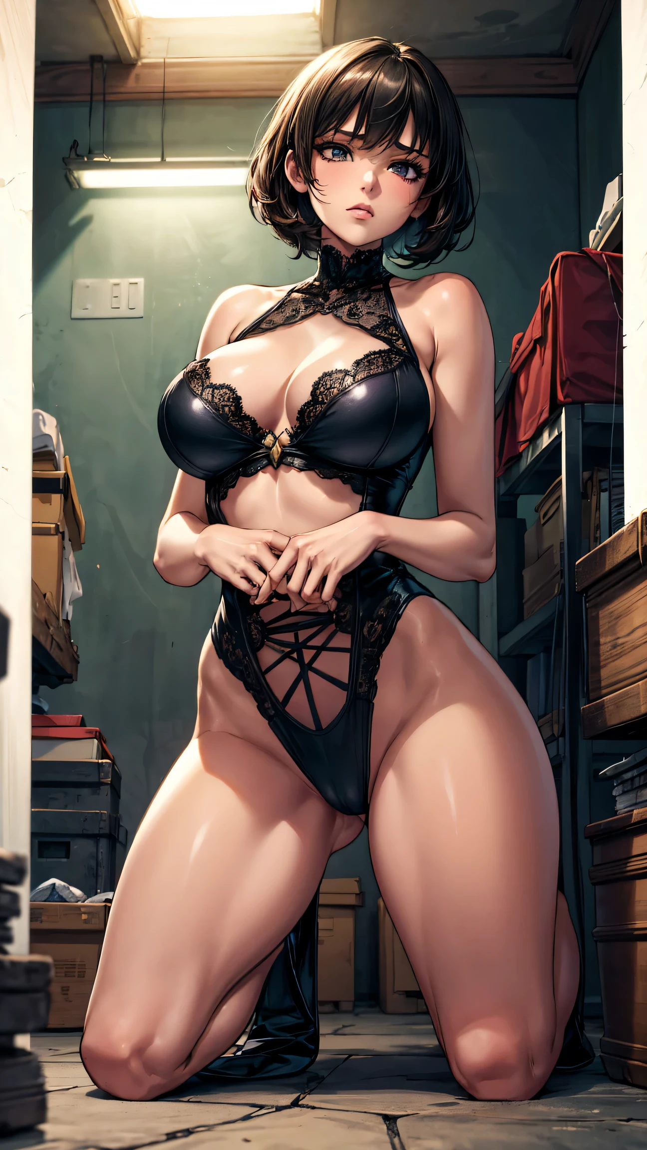 Sexy female BSDM kneels down and holds innocent woman's head、1woman, solo, short hair, huge breasts, huge ass, ((open crotch)), ((kneel down)),((show underarms)),((background: dark basement)),(masterpiece), (highest quality), (Super detailed), (Detailed CG illustration), ((very delicate and beautiful)),cinematic light
