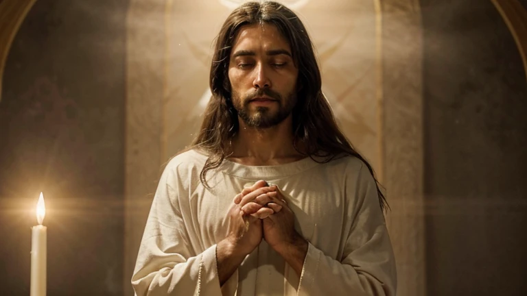 Describe a scene where Jesus Christ is portrayed with a serene and compassionate expression. He is surrounded by an aura of soft, warm light, Emanating a sense of peace and kindness. Your figure is highlighted, with delicate details and an aura of transcendence. With hands folded in the form of prayer focused on expressing devotion