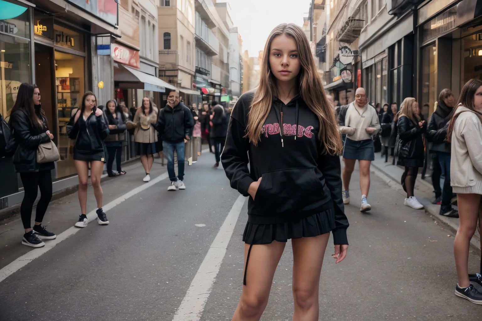 summer, city street, vivid afternoon light, crowd, long hair, blonde hair, 1girl, 18 years old, full body, sneakers, wearing hoodie, open hoodie, garters, miniskirt, beautiful face, crowded street, 16k, photorealistic, real photo, nikon d800