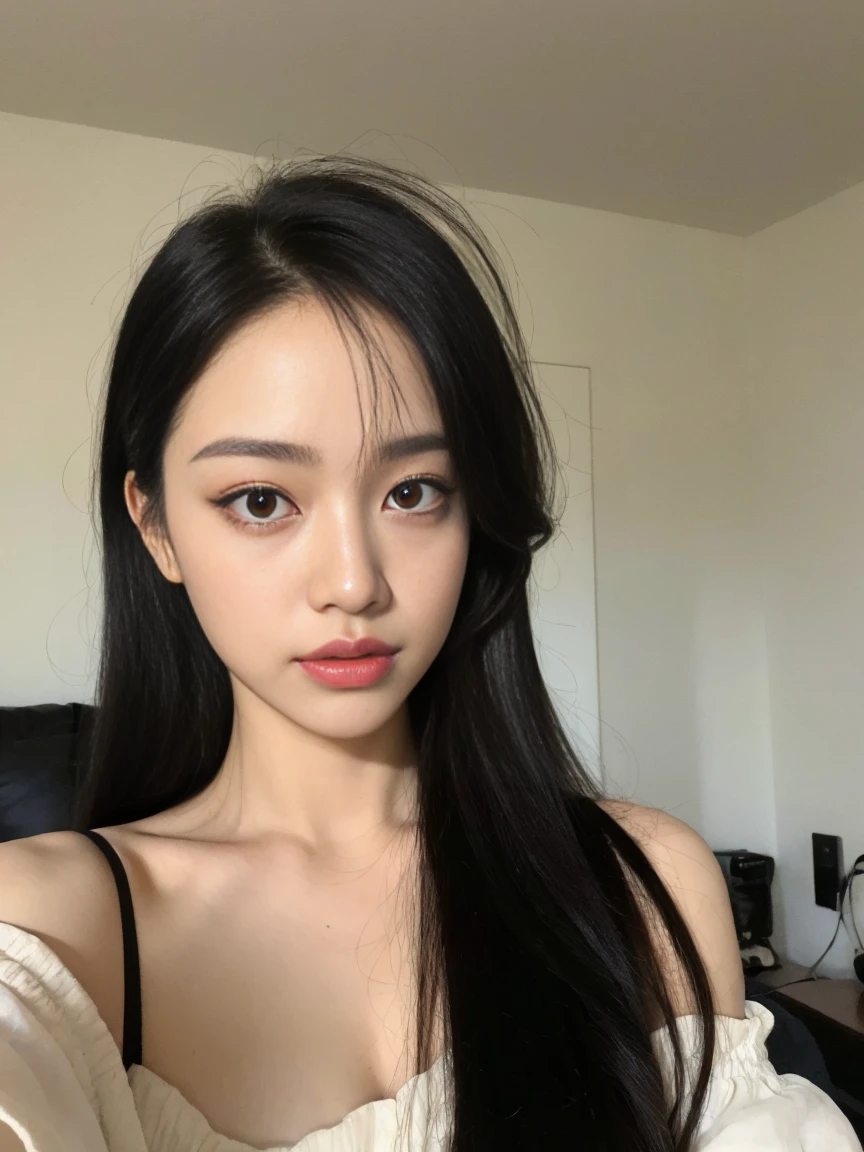 ((highest quality, 8k, masterpiece: 1.3)), 1 girl, Beautiful appearance, Slim Belly.: 1.3, (Long black hair hairstyle,Messy Hair, Big Breasts: 1.2), White off-the-shoulder dress, There is a see-through cape., Off-the-shoulder shirt, Show off your abs , Very smooth face, Delicate eyes, double eyelid, Home,On the bed,Put your hair up,Sleepy eyes,Right before going to bed