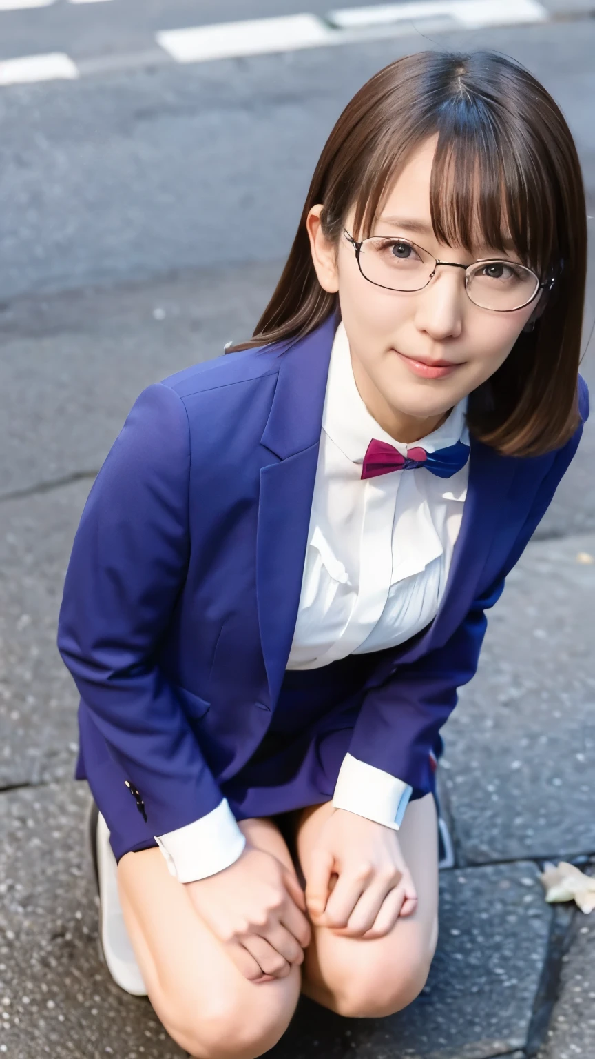 1 female,short shortcuts,Beauty,Slightly thin frame glasses,Beautiful face,smile,Crouching and watching the viewer,Office Lady,In a suit,A dignified appearance,Perfect Style,Western style,40s,Take off your jacket,Cleavage,focus on the chest,,View from above,Front view