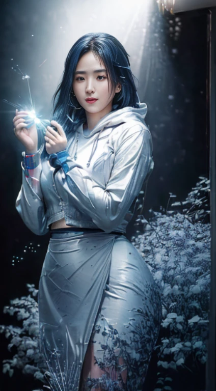(Photorealistic:1.4) image of a Japanese Girl, (top-quality, 8K, 32K, masterpiece), her hands & legs enhanced by Electronic Robotic, with glowing Parts. (dynamic pose), ((facing camera)), cowboy shot, shapeless hair, blue color hair, wearing white hoodie. depth of field f/1.8, Ruined city background, luminescence light particles, (((glow)), HDR (high dynamic range), Multi-layered textures, Surface shading, Accurate simulation of light-material interactions, Perfect Proportions, Octane Render, two-tone lighting, large aperture, low ISO, white balance, 8K RAW