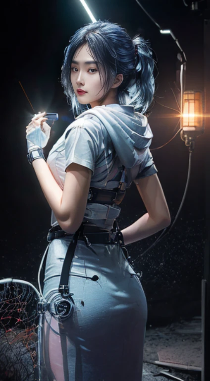 (Photorealistic:1.4) image of a Japanese Girl, (top-quality, 8K, 32K, masterpiece), her hands & legs enhanced by Electronic Robotic, with glowing Parts. (dynamic pose), ((facing camera)), cowboy shot, shapeless hair, blue color hair, wearing white hoodie. depth of field f/1.8, Ruined city background, luminescence light particles, (((glow)), HDR (high dynamic range), Multi-layered textures, Surface shading, Accurate simulation of light-material interactions, Perfect Proportions, Octane Render, two-tone lighting, large aperture, low ISO, white balance, 8K RAW