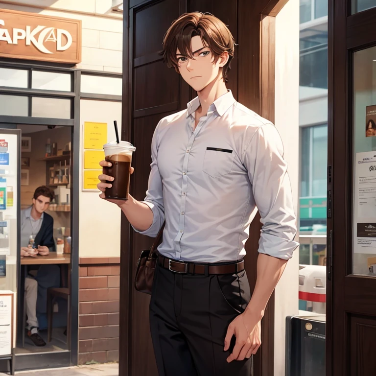 A tall, strong boy with brown hair and a somewhat serious face with an iced coffee in his hand