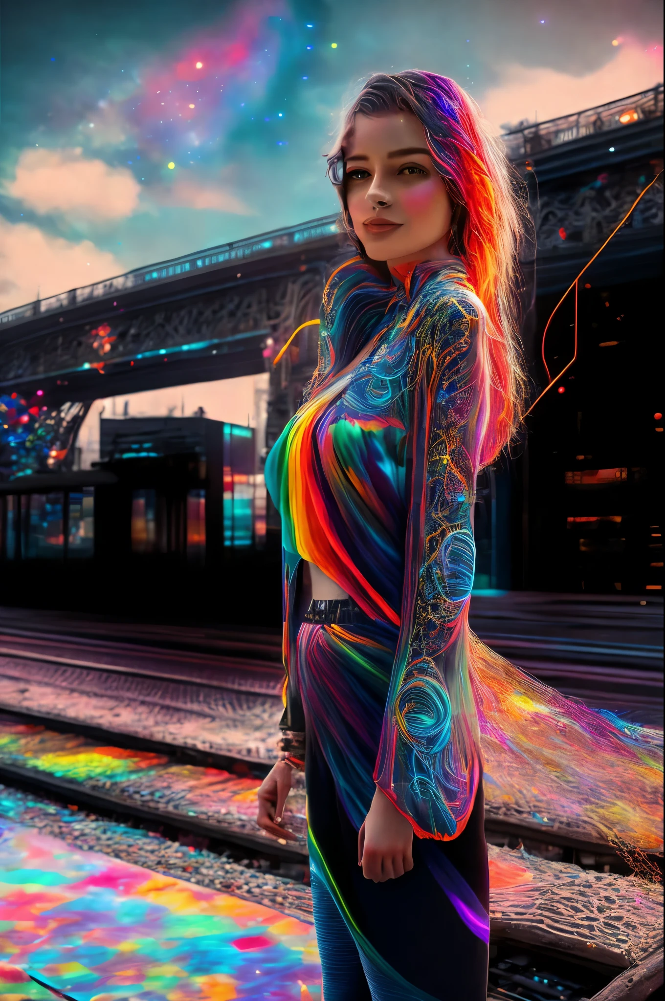 masterpiece, best quality, extremely detailed, hyperrealistic, neon-light-effect, a digital painting of a woman's face, a beautiful 20s french mode, ultra detailed face:1.1, cool neon colors, vector art, psychedelic art, intricate neon circuit pattern, avatar image, shiny hair, neon outlines, art cover illustration, cosmic space background, ethereal atmosphere, cosmical concept, rainbow strings, rainbow skin, rainbow bloody veins growing and intertwining out of the darkness

