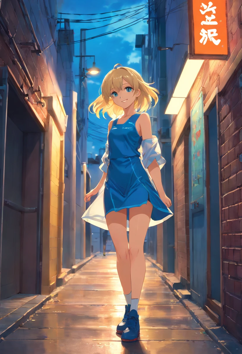 Mujer, , ((Rubia)), ((ojos azules)), sonriendo, yellow latex dress, corto, tight to the body, botas largas hasta la rodilla, De pie, in front of a dark alley, de noche, toma picada, piso mojado