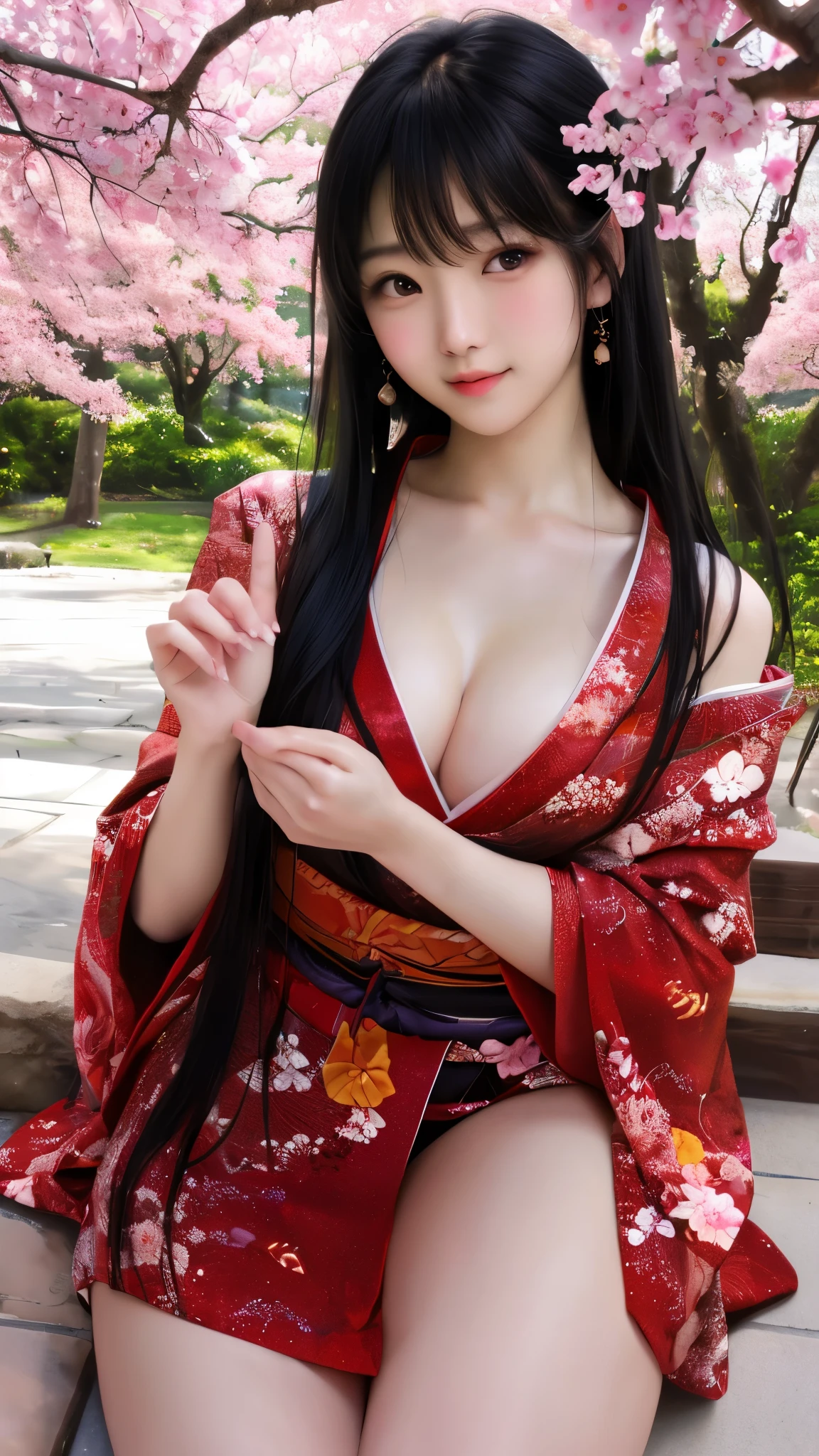 最high quality、high quality、Best image quality、8k、最High resolution、High resolution、最high quality、masterpiece、Detailed and realistic human body、Detailed and realistic skin、Realistic face in every detail、Realistic eyes down to the details、Realistic lips in every detail、Realistic teeth in every detail、Detailed and realistic ears、Detailed and realistic hair、Detailed and realistic weapons、Realistic reproduction of every detail、Realistic fingers in every detail、(Beautiful Hands、thumb1reference4)、Realistic feet down to the last detail、((Beautiful Japanese Girl))、(Japanese Model), (Japanese women)、((18 year old beautiful girl))、(Black Hair)、(Random Hairstyles)、((whole body))、((Beautiful upturned breasts))、(slim style、Slim fit)、(whole body光沢肌、Fair skin)、Soft natural light、Long-sleeved kimono、kimono、yukata、Japanese tradition、Japanese garden、((See-through mesh(花柄入りkimonoを着用))、((sit under the cherry tree(Poses to make your thighs look beautiful))