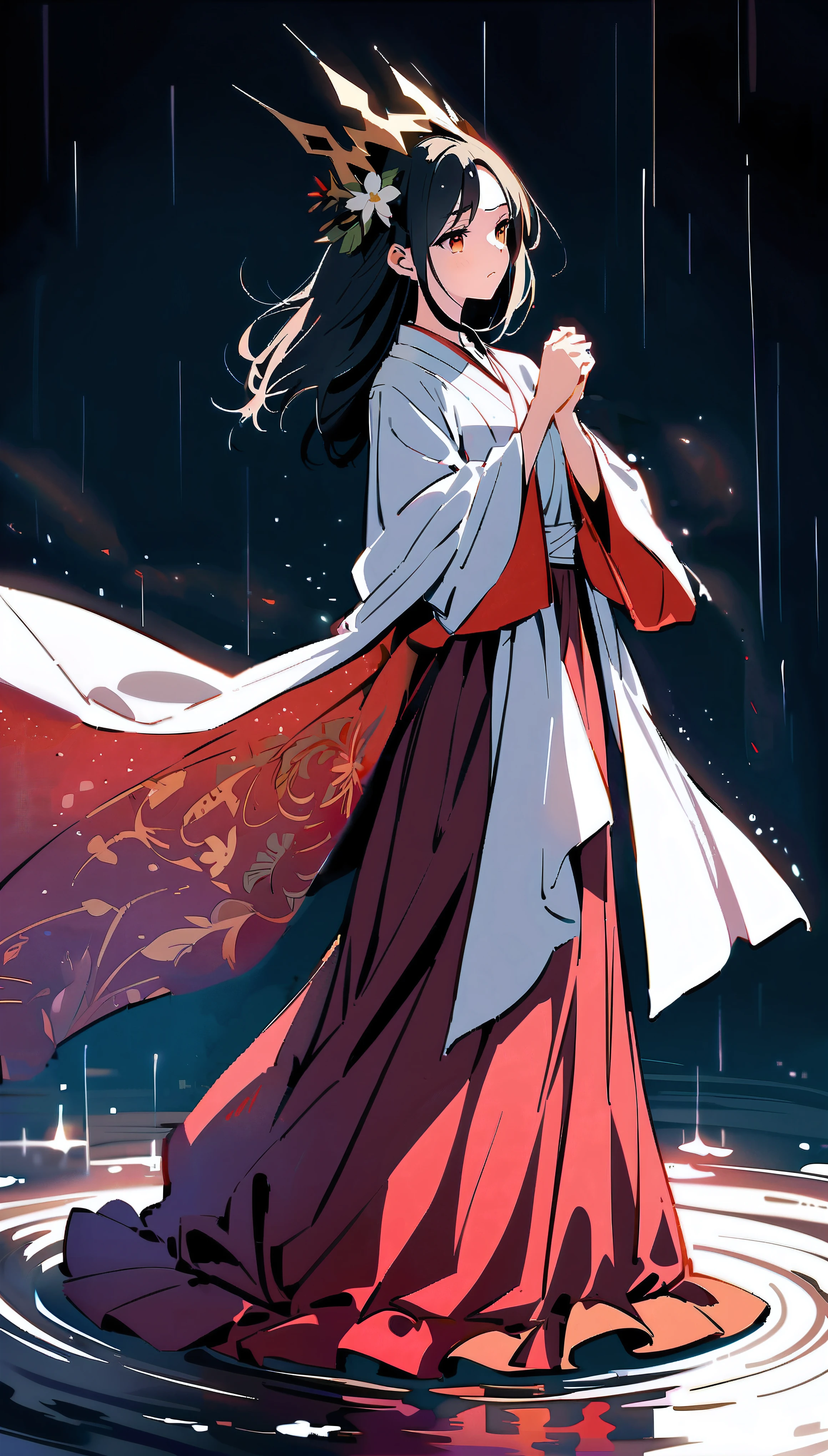 anime girl in a red and white dress standing in the rain, flowing hair and long robes, wearing flowing robes, flowing magical robe, flowing white robes, palace , a girl in hanfu, wearing a flowing cloak, flowing robes, wearing a long flowing robe, anime girl walking on water, anime art wallpaper 8 k, flowing cape, 4 k manga wallpaper
