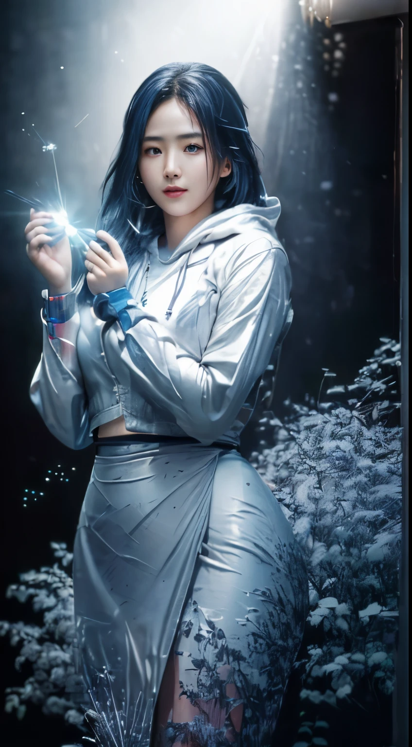 (Photorealistic:1.4) image of a Japanese Girl, (top-quality, 8K, 32K, masterpiece), her hands & legs enhanced by Electronic Robotic, with glowing Parts. (dynamic pose), ((facing camera)), cowboy shot, shapeless hair, blue color hair, wearing white hoodie. depth of field f/1.8, Ruined city background, luminescence light particles, (((glow)), HDR (high dynamic range), Multi-layered textures, Surface shading, Accurate simulation of light-material interactions, Perfect Proportions, Octane Render, two-tone lighting, large aperture, low ISO, white balance, 8K RAW