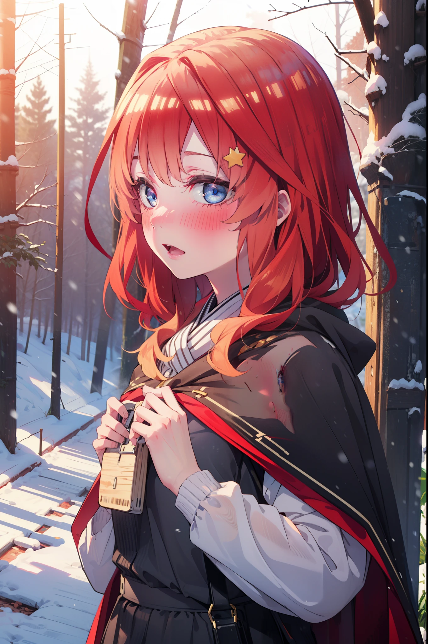 itsukinakano, Itsuki Nakano, bangs, blue eyes, Hair between the eyes, Ahoge, Redhead, star \(symbol\), hair ornaments, star hair ornaments,smile,blush,White Breath,
Open your mouth,snow, fire, Outdoor, boots, snowing, From the side, wood, suitcase, Cape, Blurred, Increase your meals, forest, White handbag, nature,  Squat, Mouth closed, フードed Cape, winter, Written boundary depth, Black shoes, red Cape break looking at viewer, Upper Body, whole body, break Outdoor, forest, nature, break (masterpiece:1.2), highest quality, High resolution, unity 8k wallpaper, (shape:0.8), (Beautiful and beautiful eyes:1.6), Highly detailed face, Perfect lighting, Highly detailed CG, (Perfect hands, Perfect Anatomy),