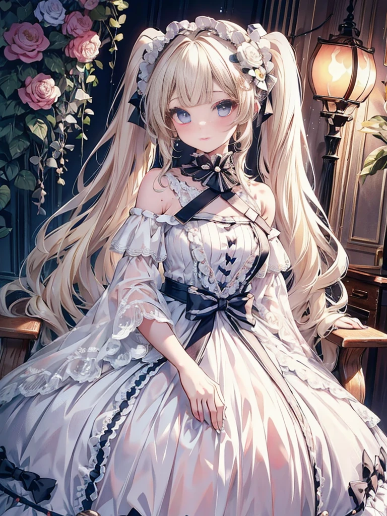 masterpiece, highest quality, High resolution, SA1, Floral Off-Shoulder Dress, sparkling eyes, false eyelashes, Platinum Blonde Twin Tails, Cute atmosphere, Rose,