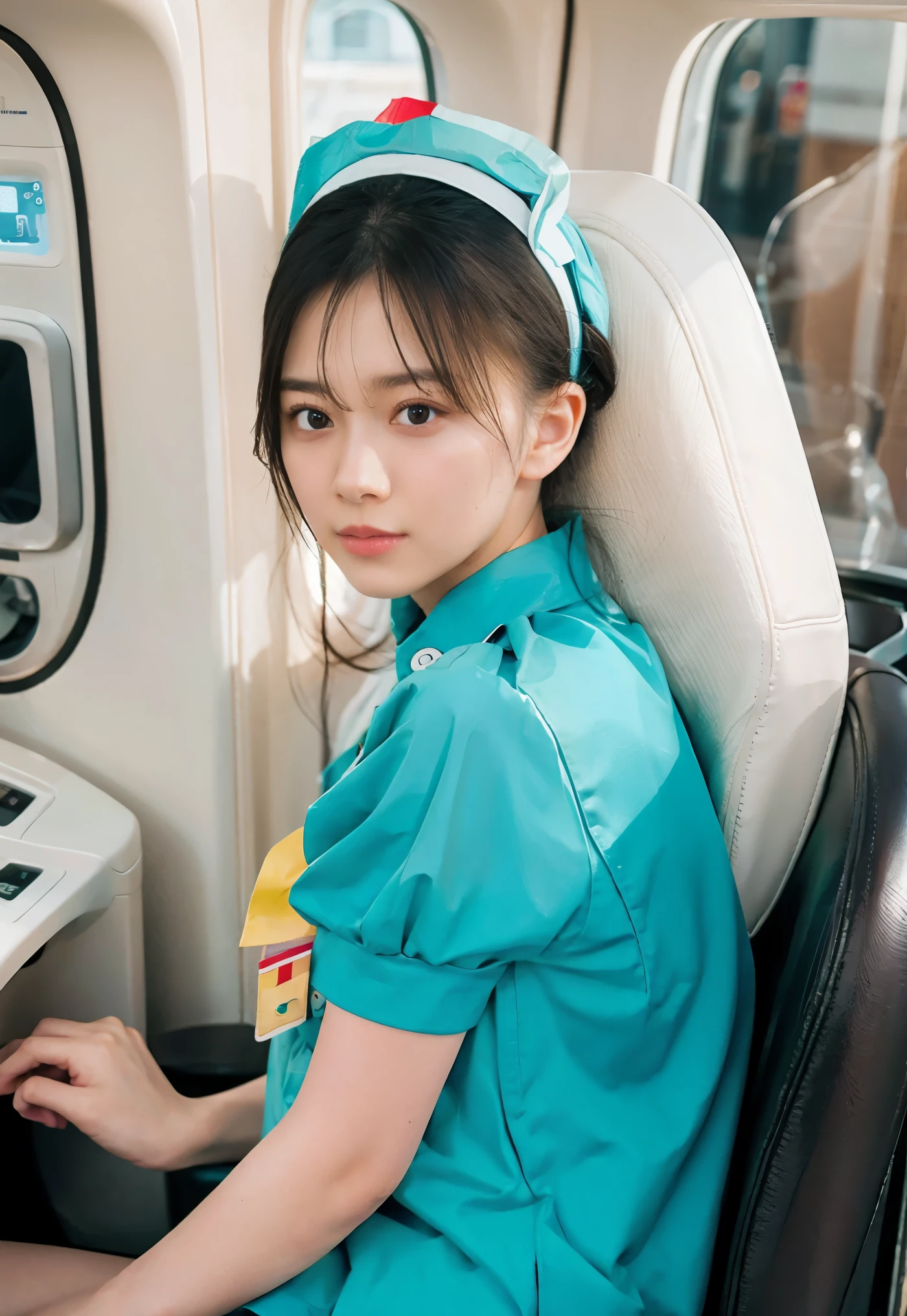side view of a airline hostess floating with her clivage showing.